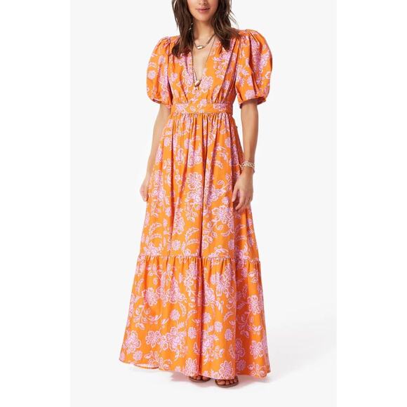 XIRENA Larkyn Orange Pink Print Midi Maxi Puff Sleeve...